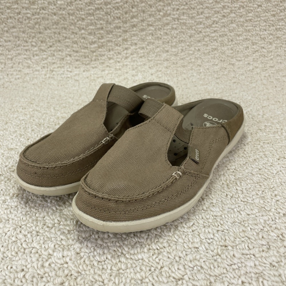 Crocs Shoes Womens Size 6 Walu Mule Sandals‎ Tan Slip On Canvas Casual Comfort